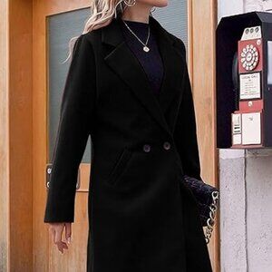 Women's Blue Notch Lapel Double Breasted Wool Blend Mid Long Pea Trench Coat S